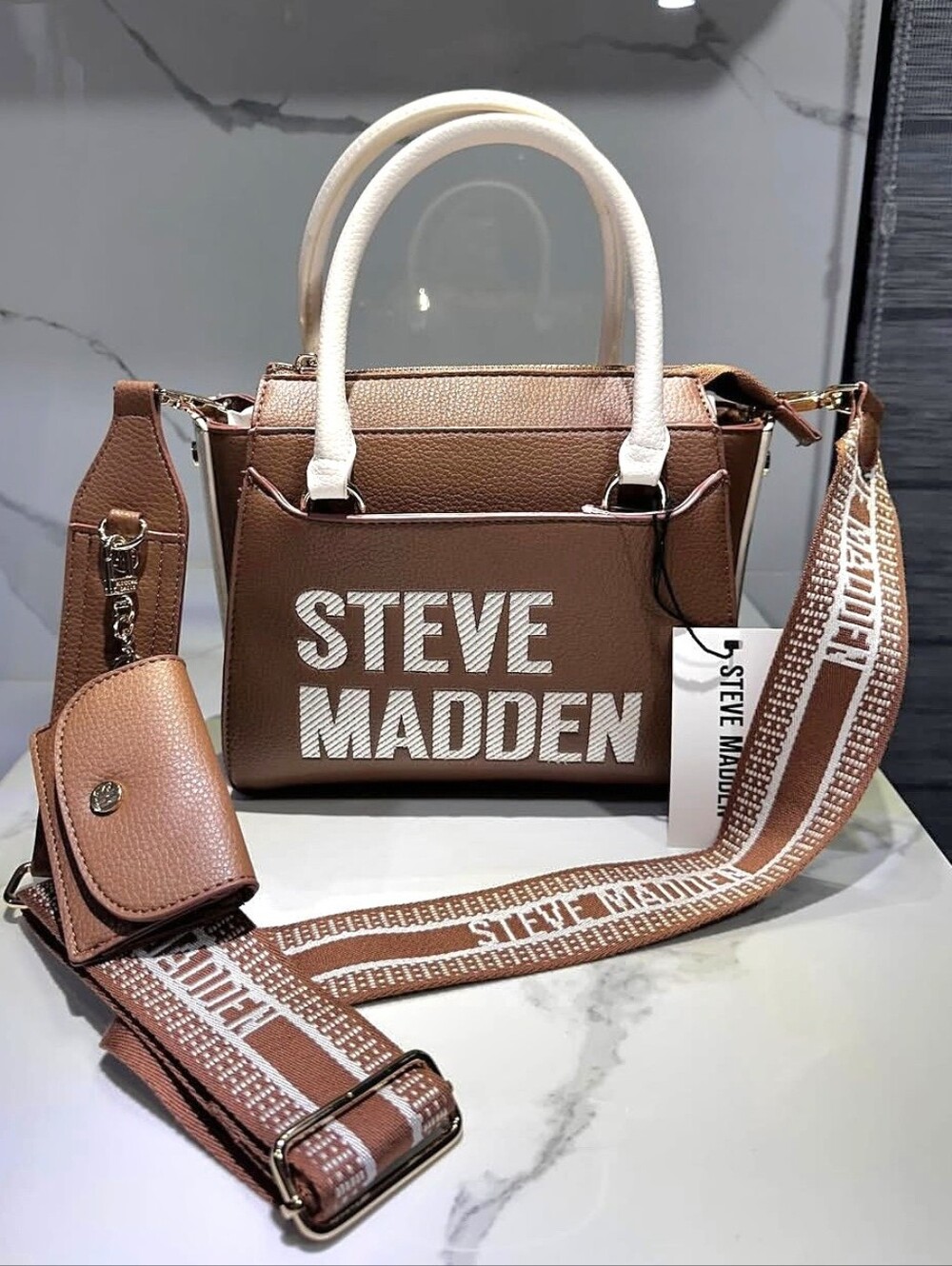 Steve Madden Brown Satchel with White Handles and Branded Strap
